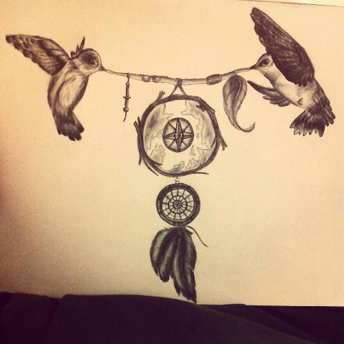 Grey Ink Birds And Dreamcatcher Tattoo Design